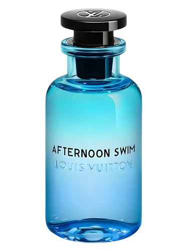 Blue perfume bottle labeled 'Afternoon Swim' by Louis Vuitton on a black background