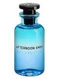Blue perfume bottle labeled 'Afternoon Swim' by Louis Vuitton on a black background