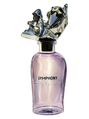 Louis Vuitton Symphony perfume bottle with decorative cap on a white background