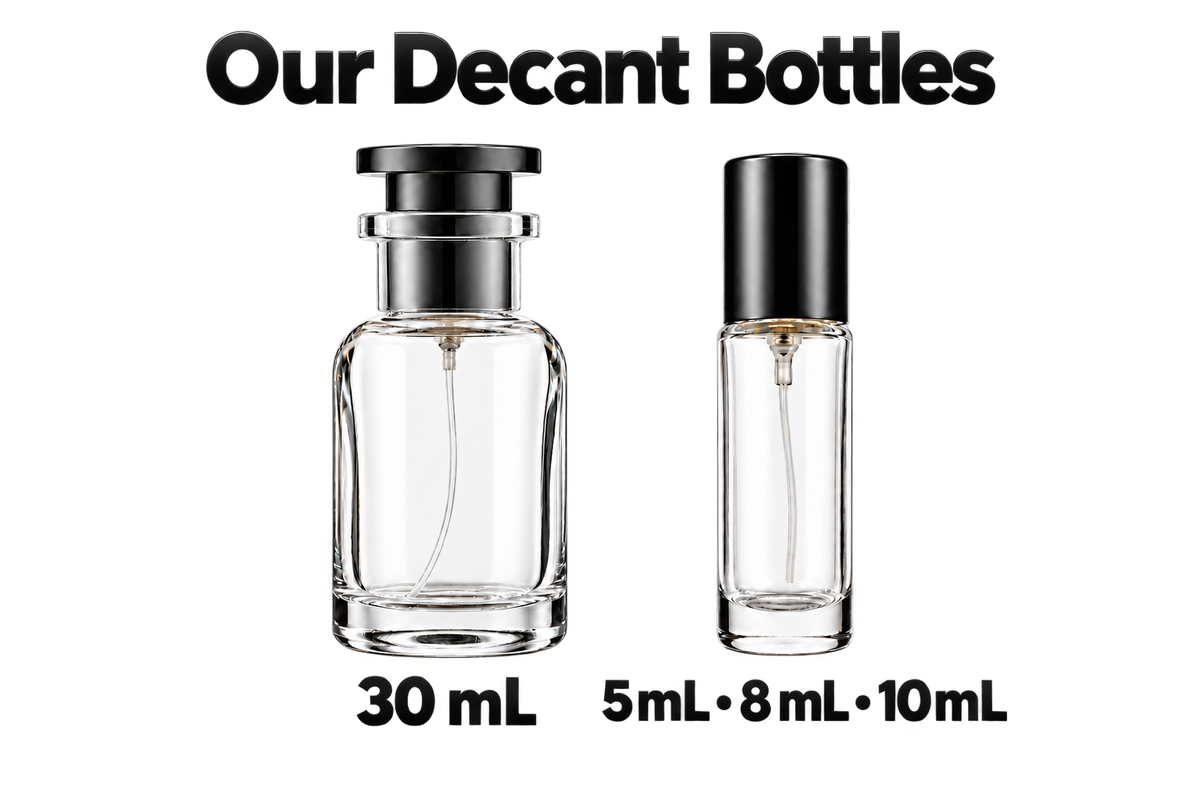 Our decant bottles: 30 mL and 5 mL, 8 mL or 10 mL